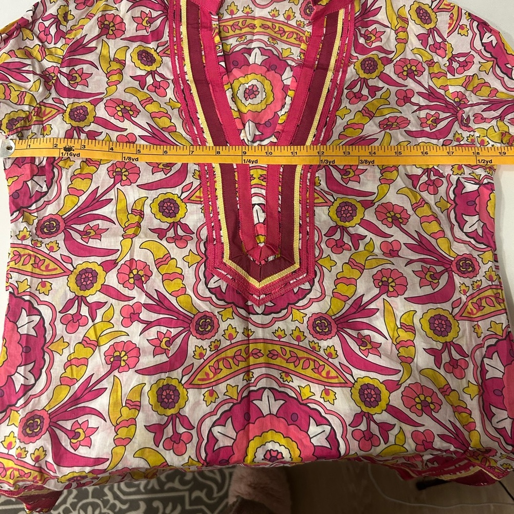 Tory Burch Pink Yellow Floral Print Long-sleeve Tunic Blouse 8 Cotton Bohemian - Picture 6 of 6
